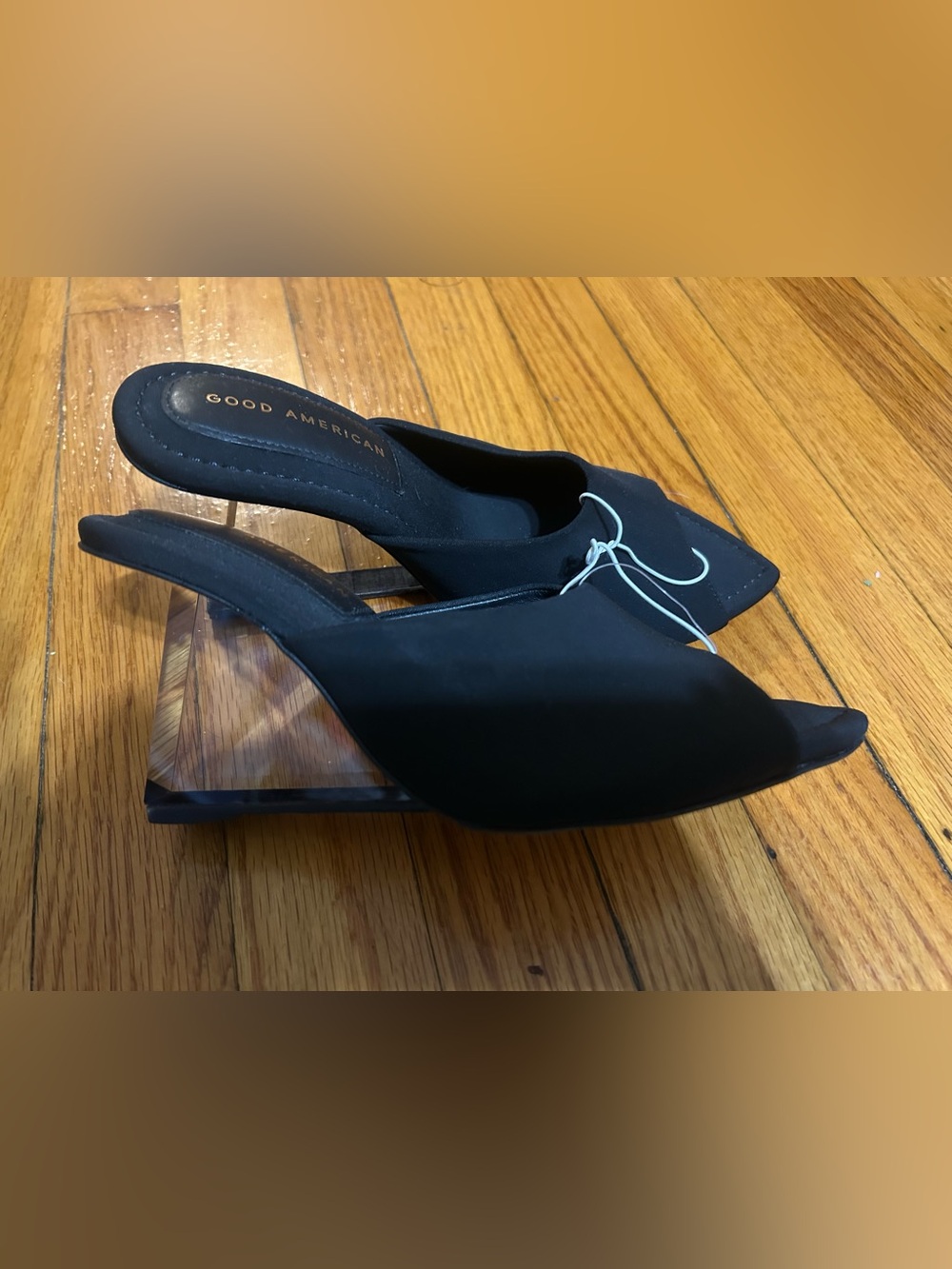 NWOT Good American Black Open-Toe Mules with Clear Block Heel and leather soles
